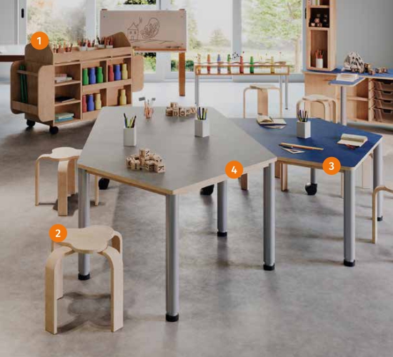 Tische und Hocker in einem Kreativraum Tische und Hocker in einem Kreativraum